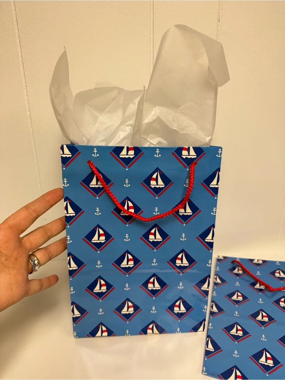 Vintage American Greetings Blue Nautical Sailboat Gift Bags (2 Bags) Gift Wrap